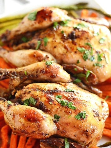 A close up of Cornish chicken hen on a plate