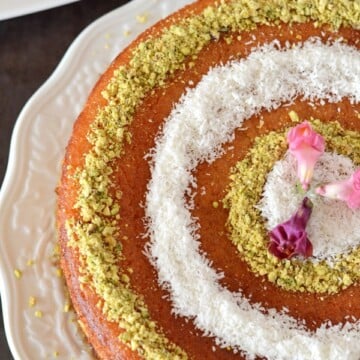 A close up photo of Basbousa Cake on a plate