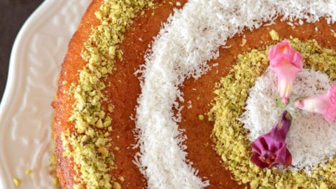 A close up photo of Basbousa Cake on a plate