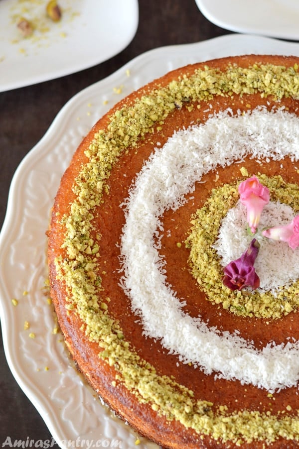 A close up photo of Basbousa Cake on a plate