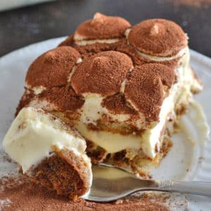 A close up of a plate with a piece of Tiramisu