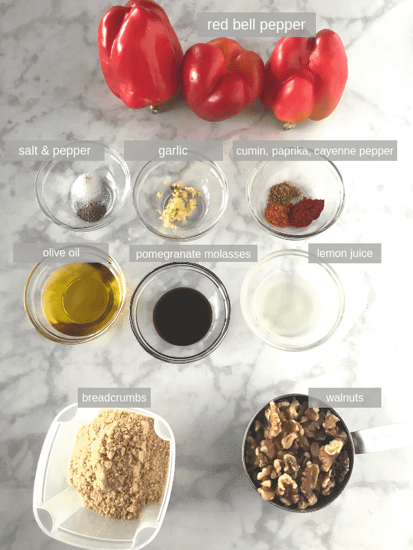 A photo showing ingredients for Muhammara recipe