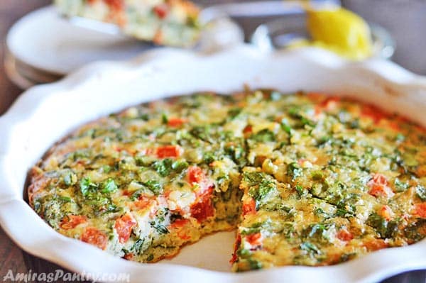 A close up of a pan of food with with Frittata and Egg