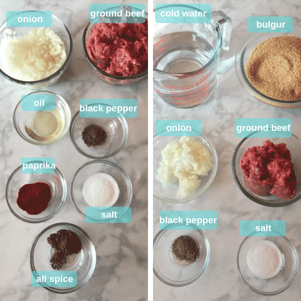 Ingredients for kibbeh on a white table