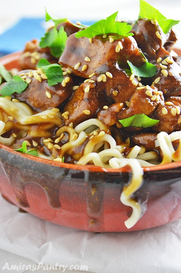 A close up of a plate of food, with Tamarind Chicken and pasta