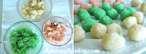 A plate of food on a table with mixture and another with colored balls