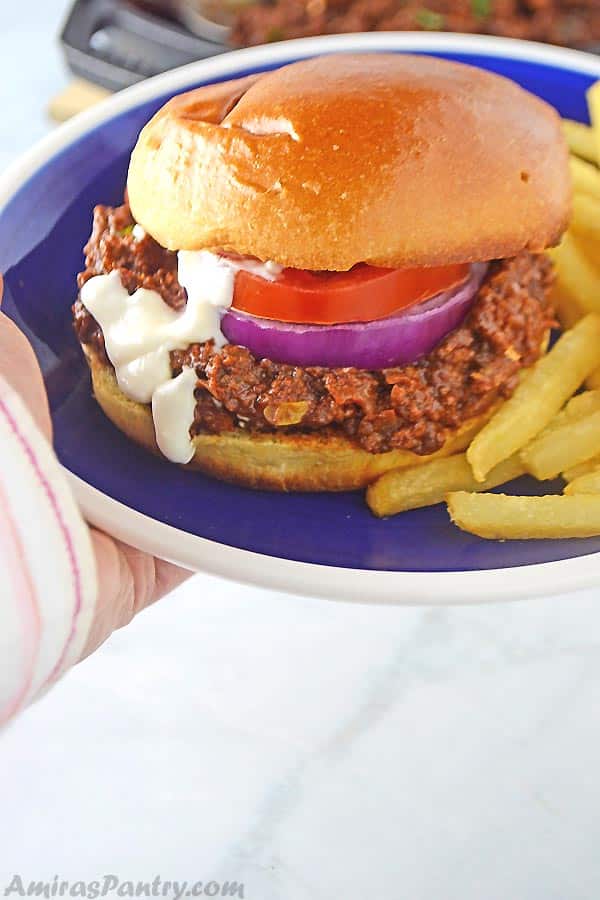 A hand holding a blue plate with a sloppy joes sandwich on it and some fries.