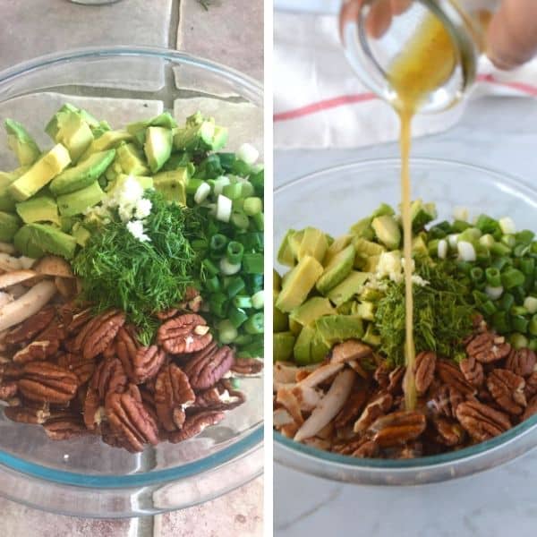A plate of food with pecans, with Salad and Avocado