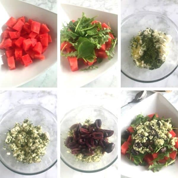 Step by step photos for making watermelon feta salad