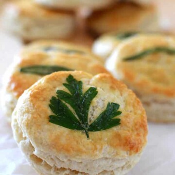 Biscuits on a crumbled parchment paper with one on the front that has a parsley leaf.