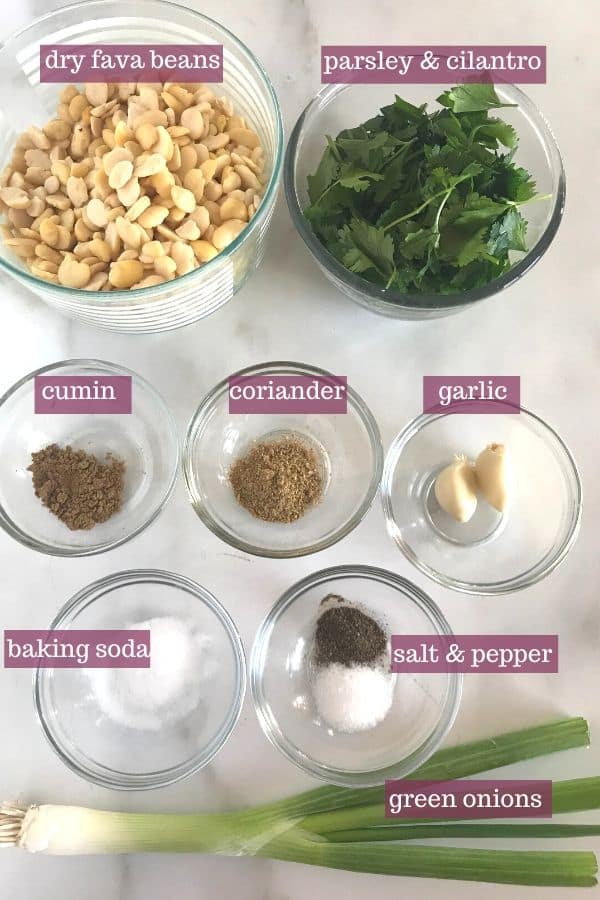 Ingredients for falafel on a white marble table