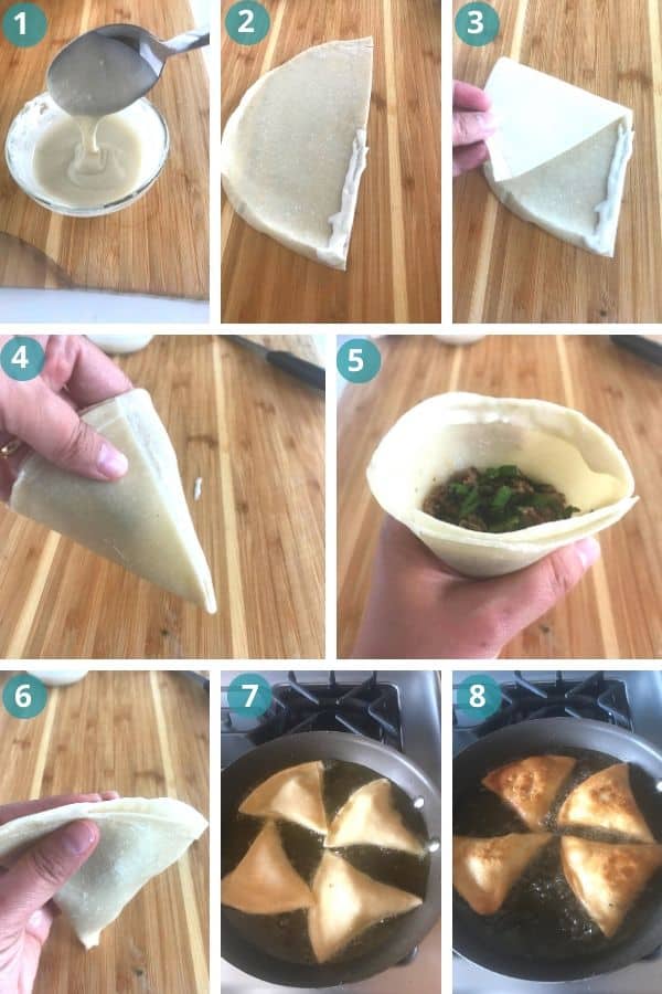 step by step images for making and wrapping samosas.