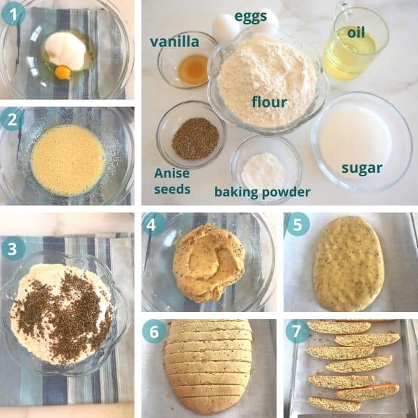 Step by step photos, with Biscotti and Anise. Another photo showing ingredients