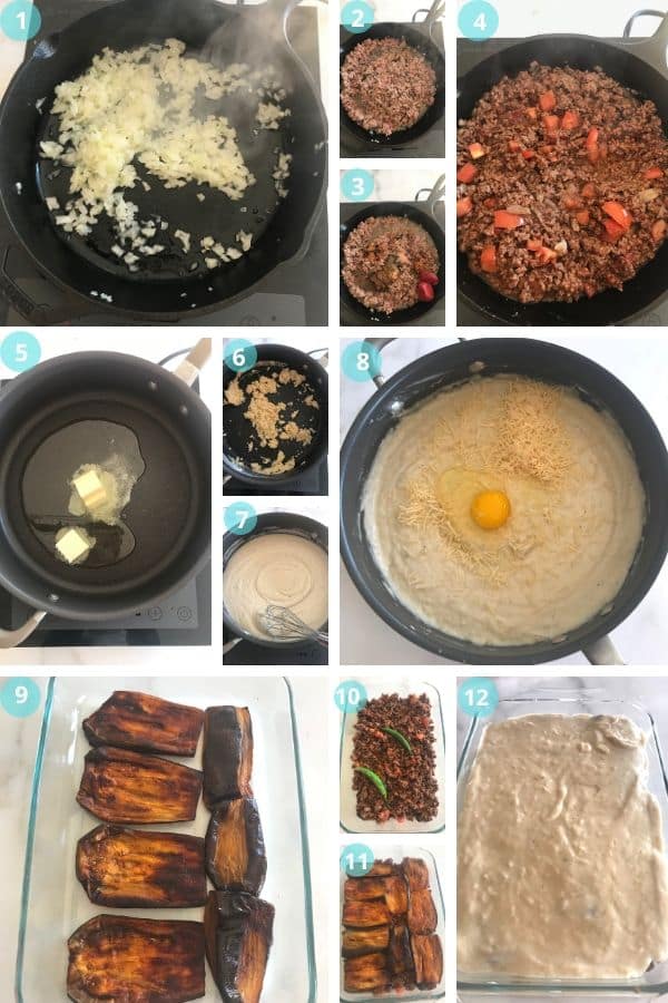 A photo showing step by step photos for Moussaka recipe