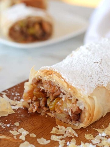 A close up of food on a plate, with Apple Strudel
