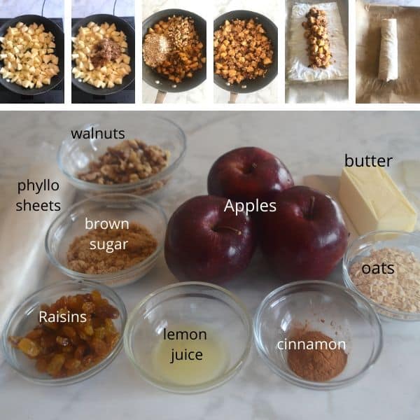 A collage of 7 images to show the ingredients and how to make apple strudel.