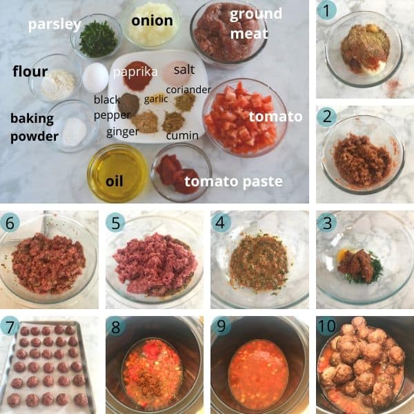 Step by step photos with Meatball and Sauce and another one for ingredients