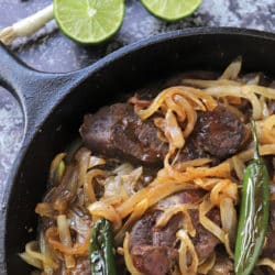 A pot of food, with Liver and onions