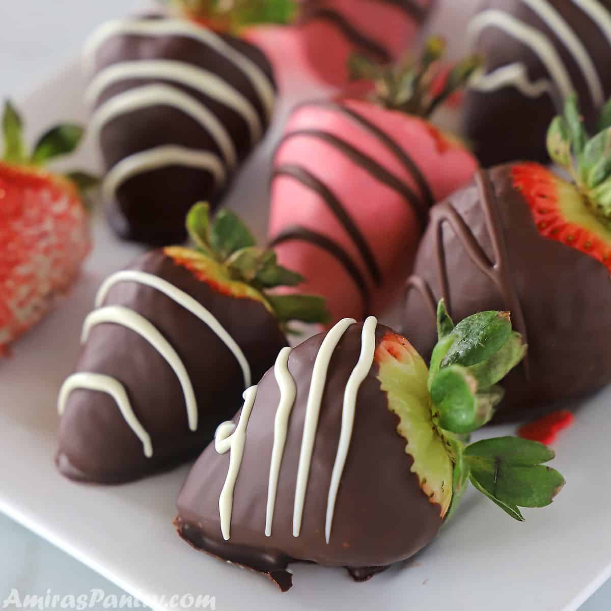 chocolate covered strawberries on a white serving plate
