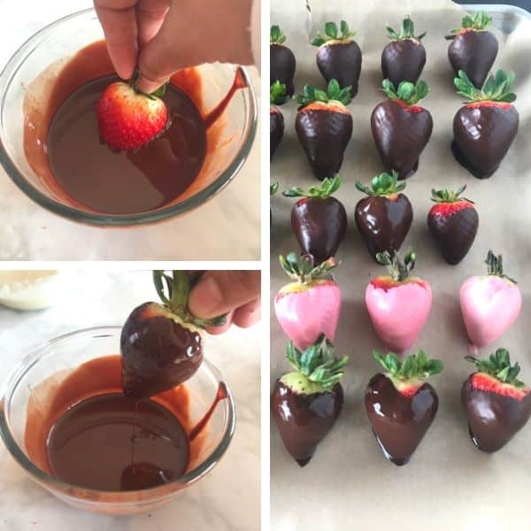 Step by step photos for making chocolate covered strawberries