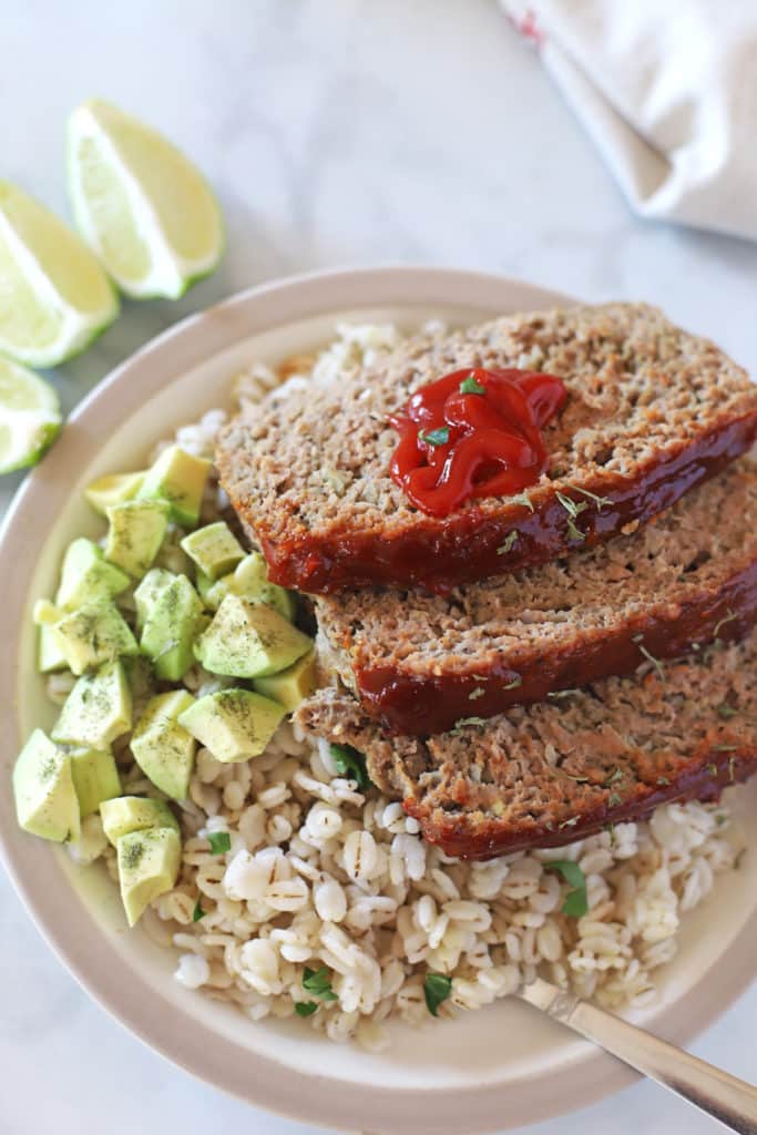 A plate of food, with Meatloaf, rice and guacamole meal plan (76) - amira's pantry Meal Plan (76) &#8211; Amira&#8217;s Pantry moist turkey meatloaf featured 683x1024