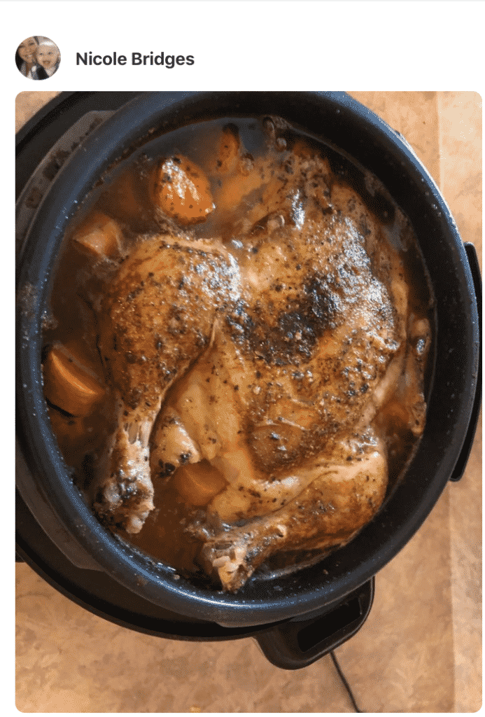 A photo showing chicken hen cooking in a slow cooker by a fan