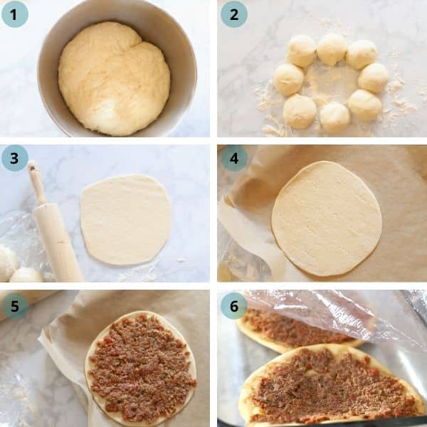 Step by step photos on making Sfiha dough on a table