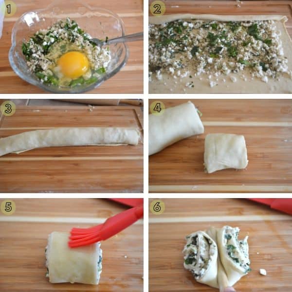 Step by step photos for food on a wooden table, with Fatayer and Cheese
