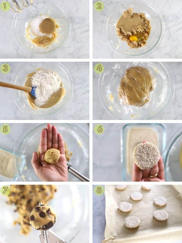 Step by step photos showing bowl and making dough for Tahini cookies
