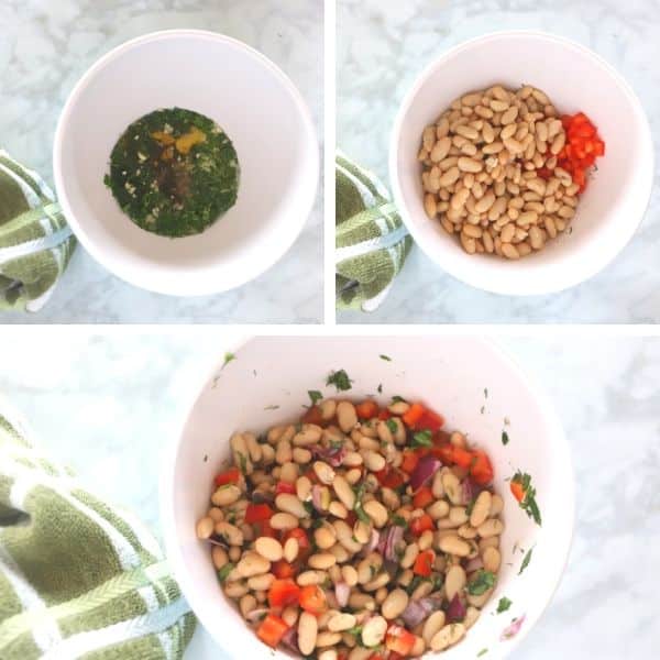 A collage of three images showing how to make white bean salad.