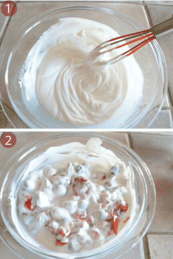Step by step photos showing glass bowls with whipped cream and fruits