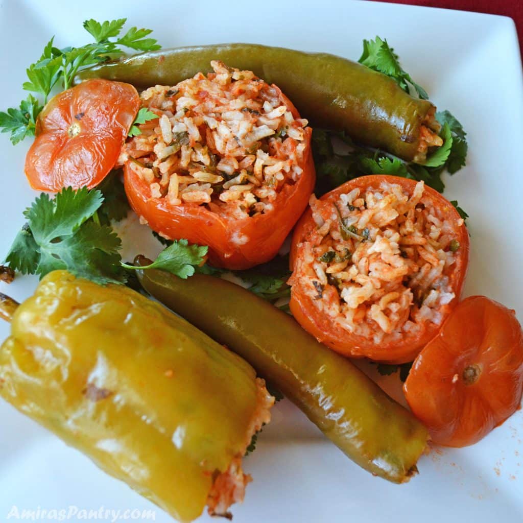mahshi pepper stuffed with rice and put on a white plate