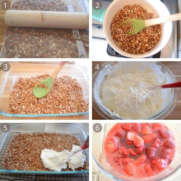 Step by step photos for making strawberry pretzel cake