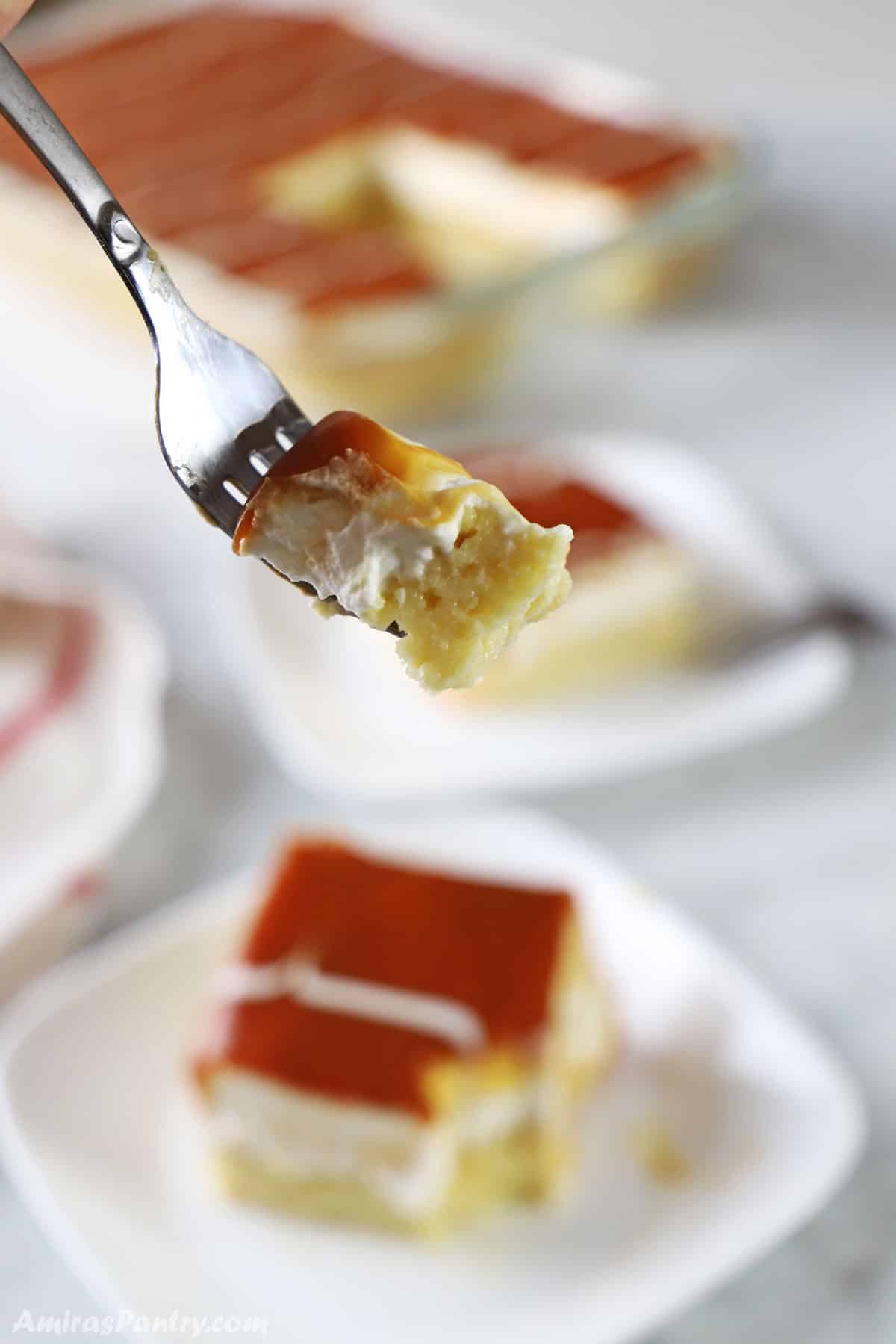 A fork holding a piece of the tres leches cake showing different layers and textures.