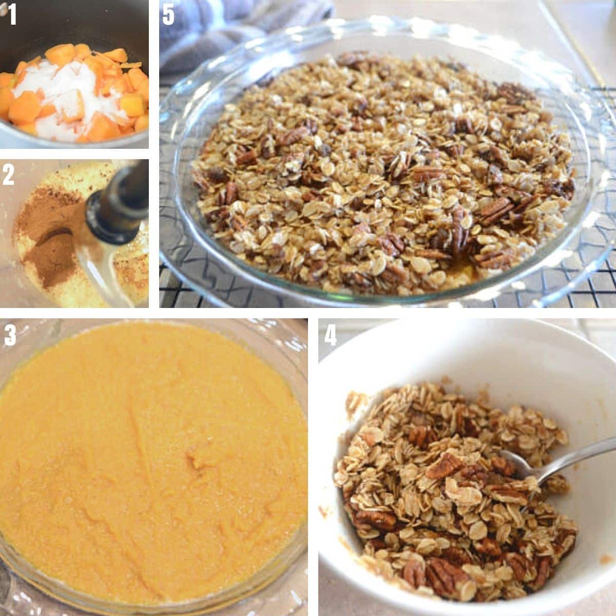 a collage of 5 images showing how to make butternut squash casserole.