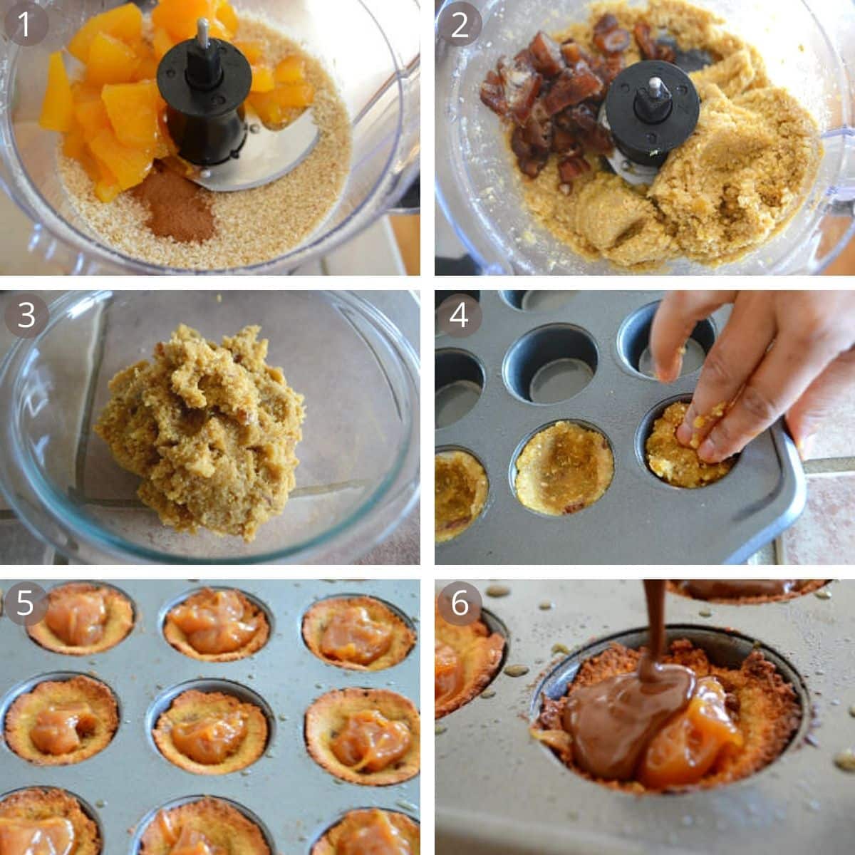 A collage of 6 photoes showing how to make caramel cups.