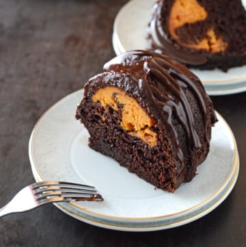 A piece of chocolate pumpkin cake on a small dessert plate.