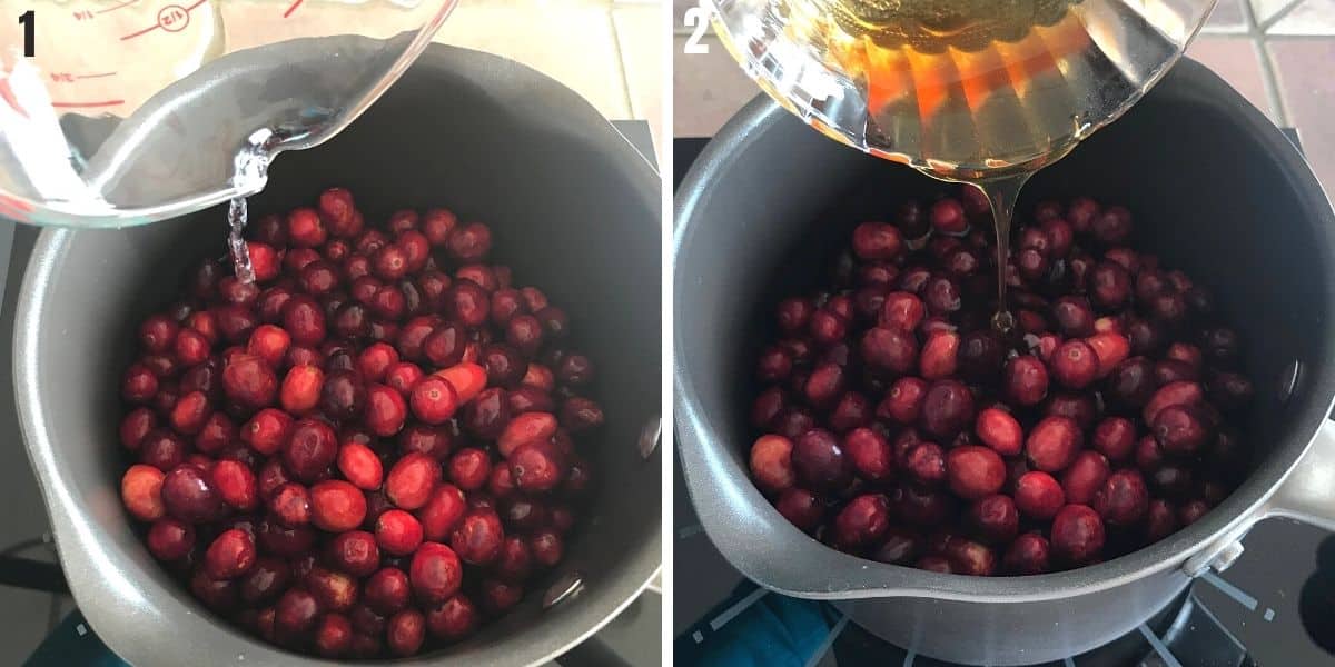 A collage of two pictures showing how to make cranberry sauce.