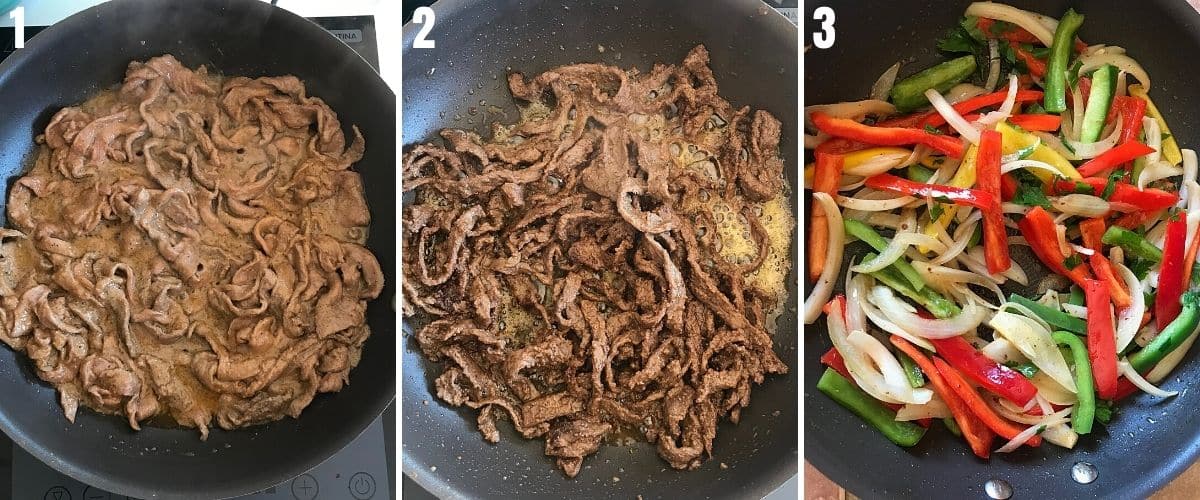 A collage of three photos showing how to cook beef shawarma.