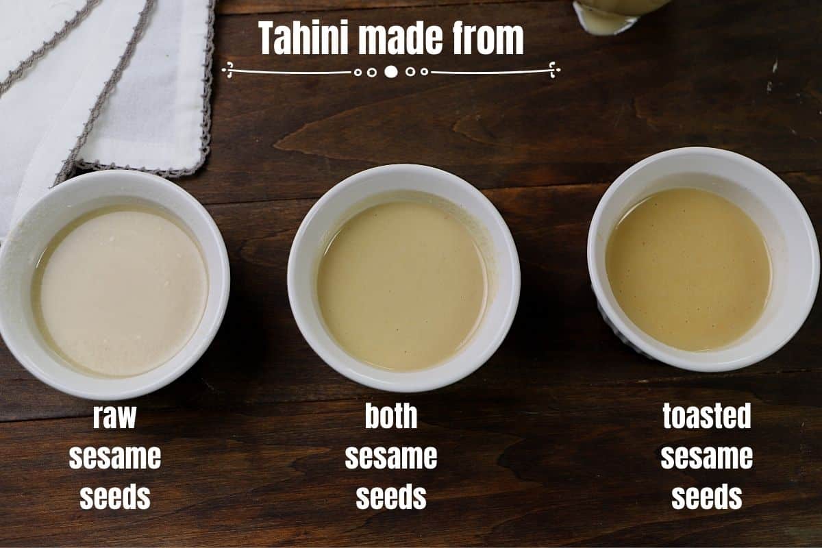 An image of three white bowls comparing making tahini of untoasted  sesame seeds versus toasted or using both.