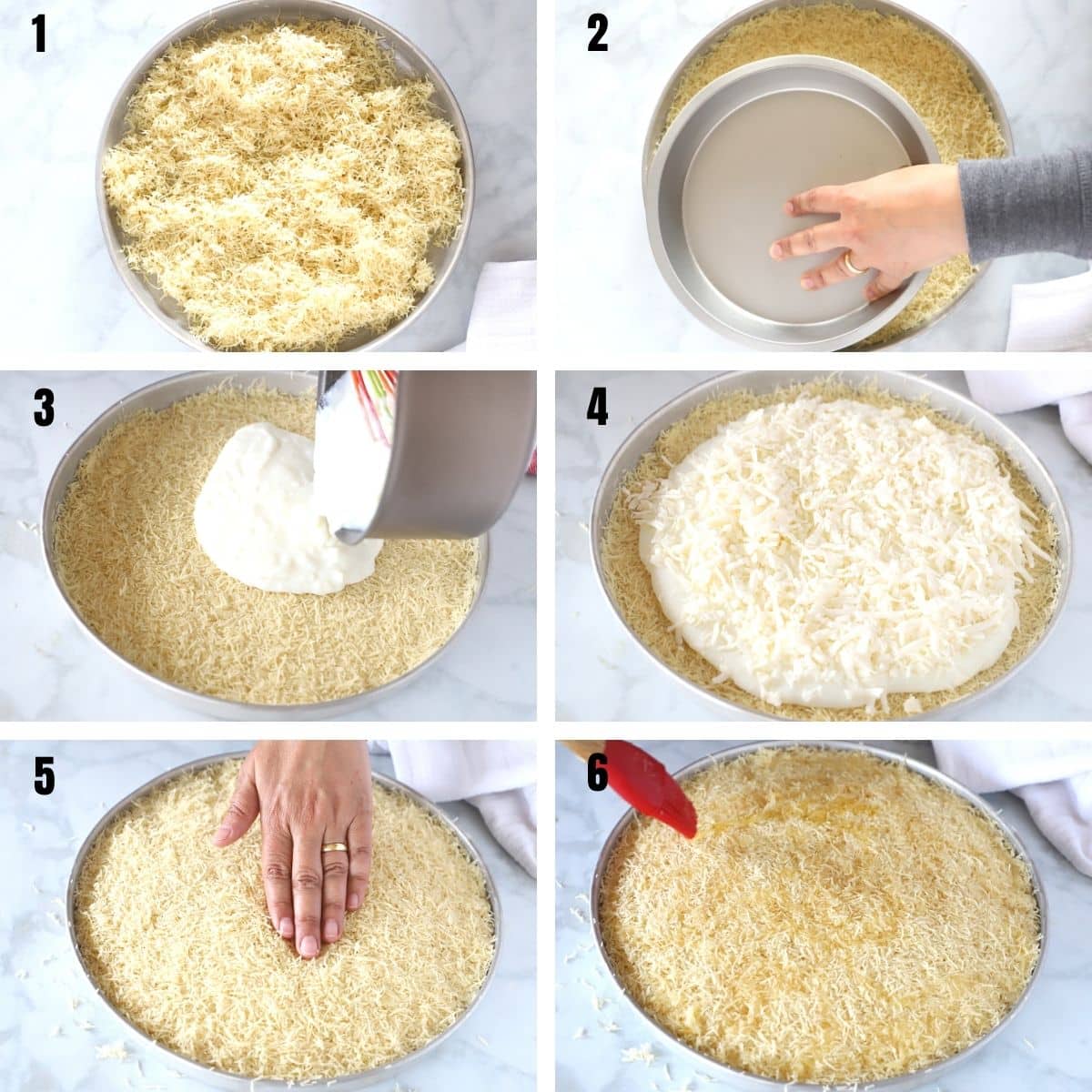A collage of 6 images showing how to assemble kunafa.