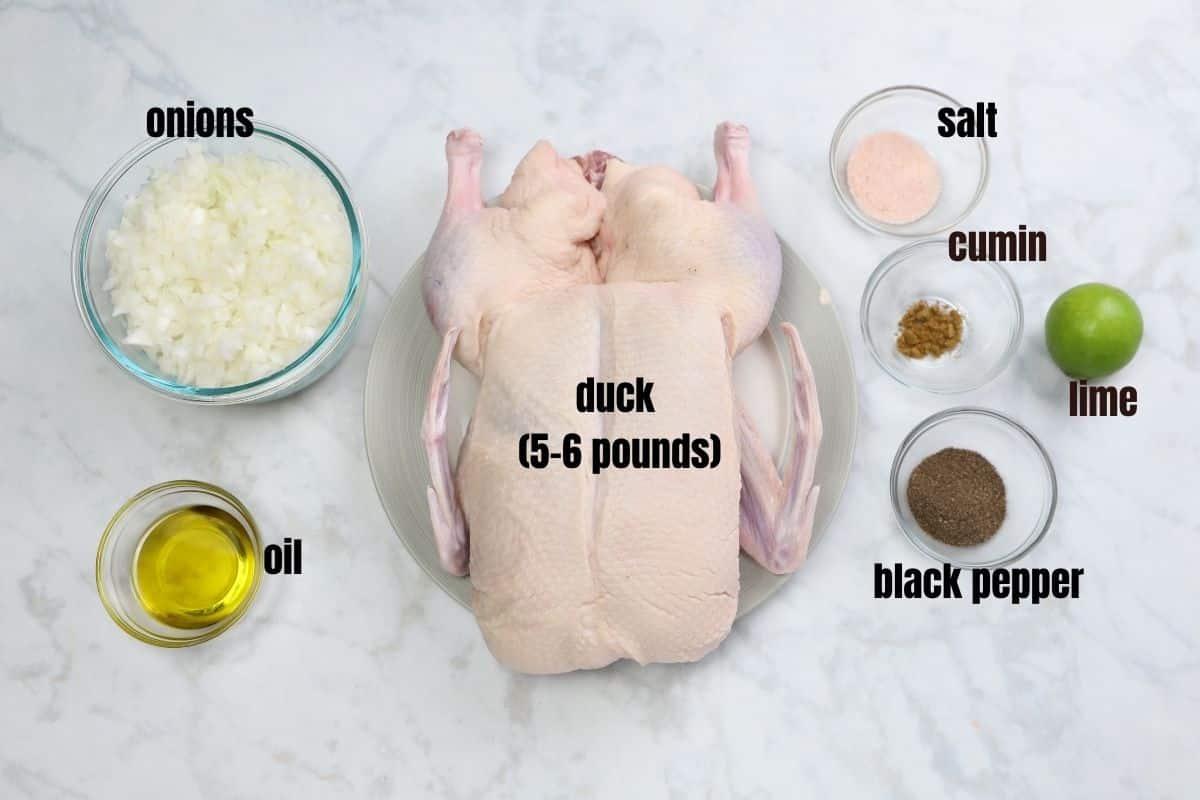 Ingredients of stuffed duck on a marble table.