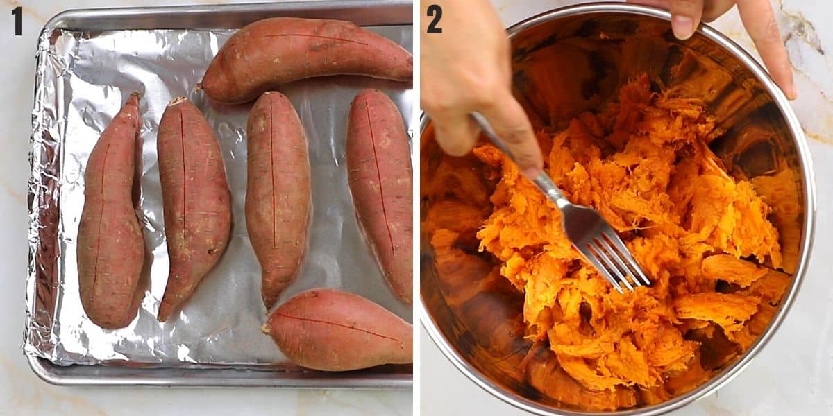 A collage of two images showing roasting the sweet potato and mashing in a deep bowl.