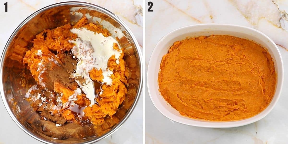 Acollage of two images showing how to make sweet potato casserole.