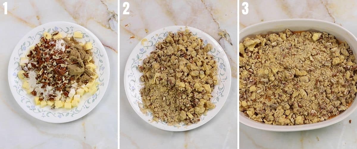 a collage of three images showing how to make the butter crunch top for the sweet potato crunch.