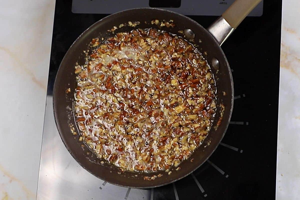 an image showing how to make the final pecan maple syrup glaze for the sweet potato casserole.