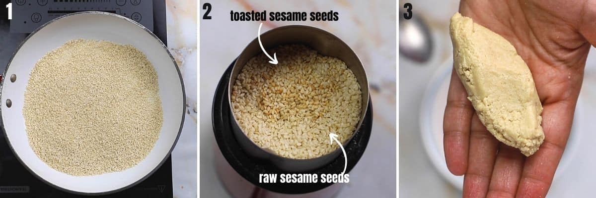 A collage of 3 photoes showing how to grind sesame seeds into a paste.