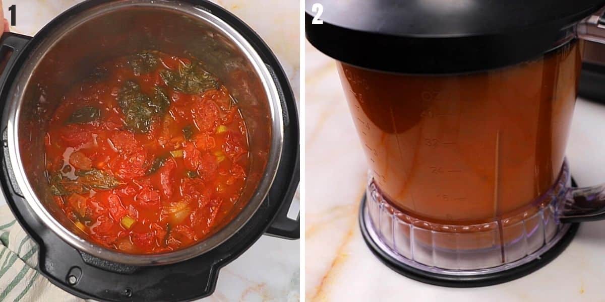 A collage of two photos showing how to finish the soup.