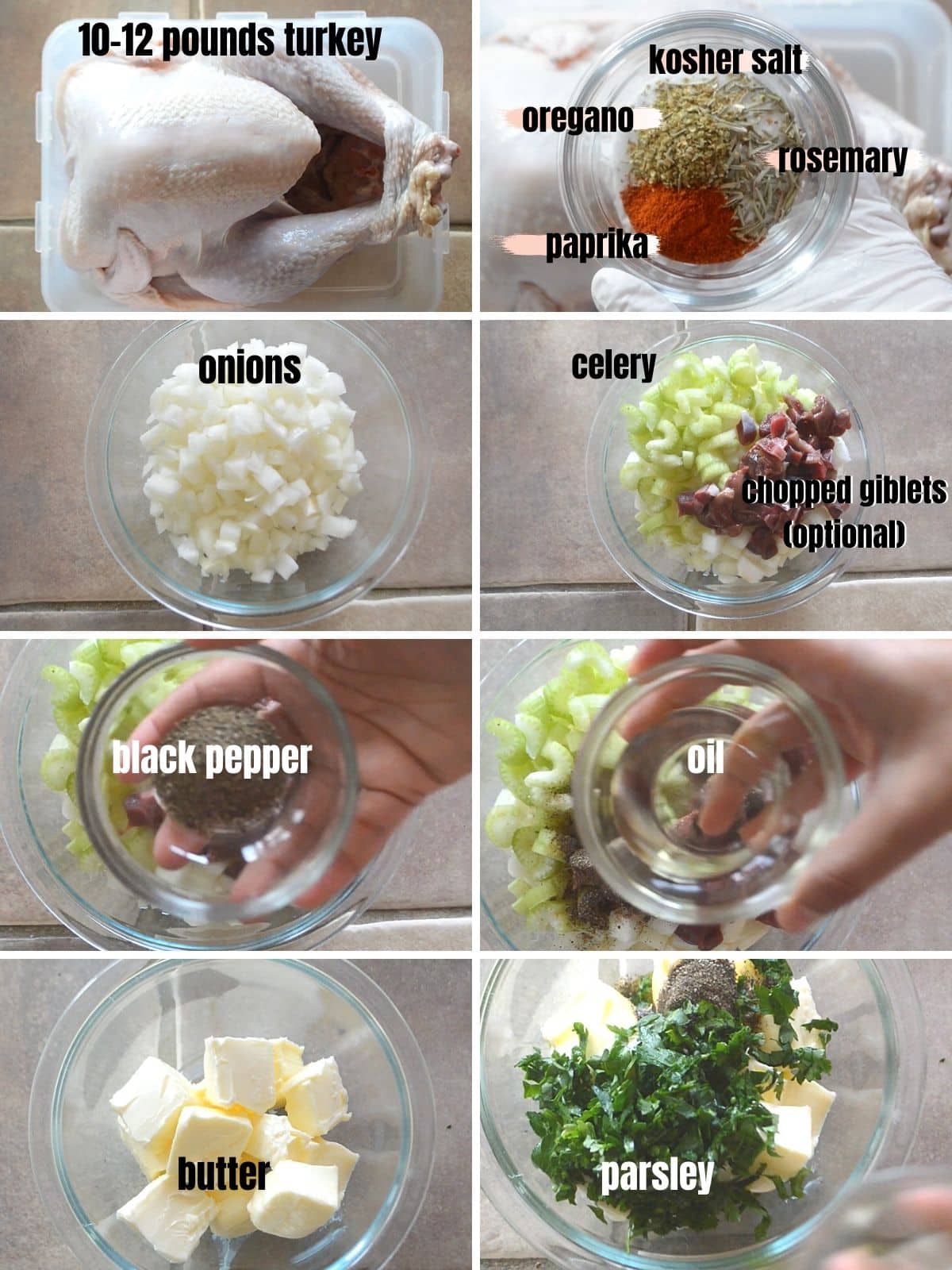 A collage of 8 photos showing Ingredients to make stuffed roasted turkey.