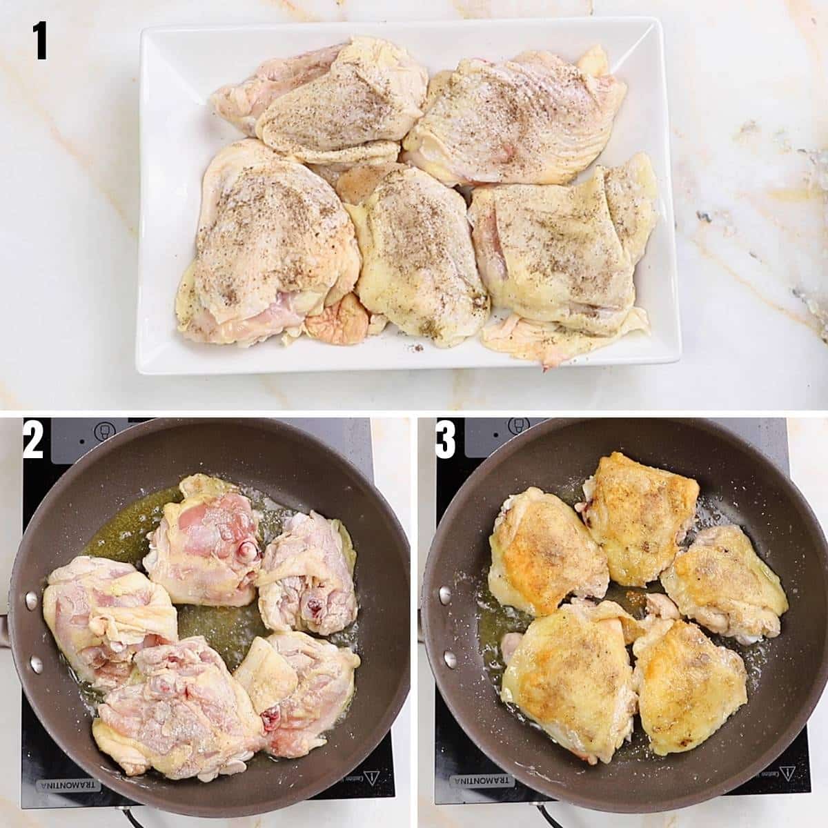 A collage of three images showing how to brown chicken for cacciatore.